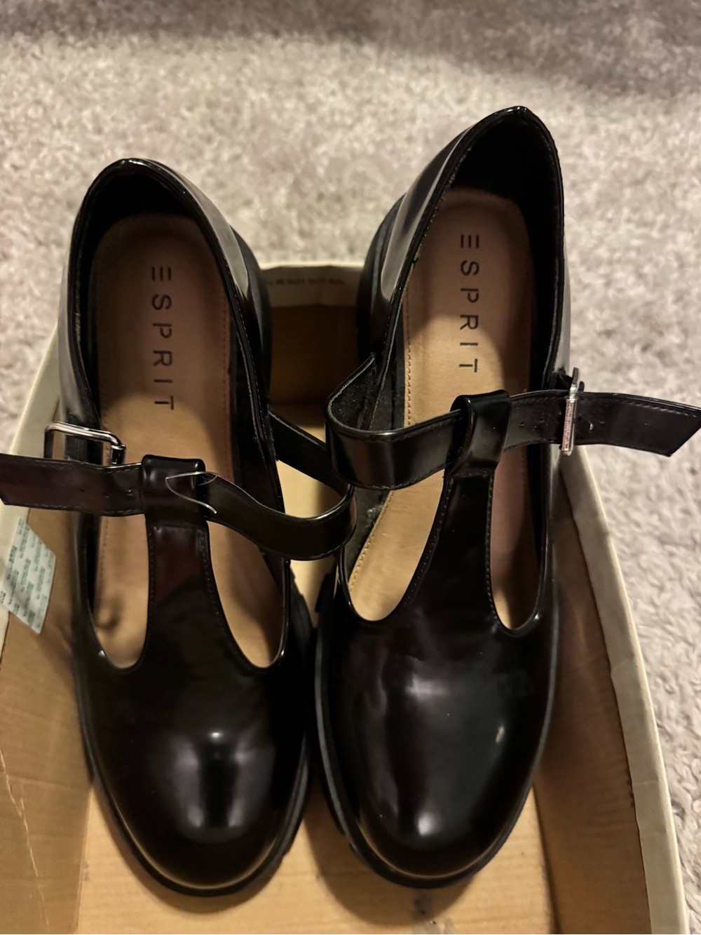 Esprit Black Patent T-Strap Platform Mary-Jane Loafers
